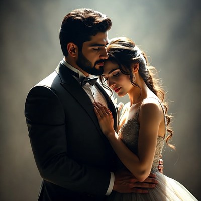 Man embracing woman in tuxedo and gown