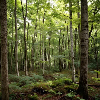 Lush birch forest with ferns