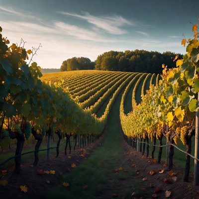 Golden Vineyard Rows at Sunset