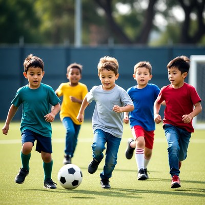 Boys playing soccer on field