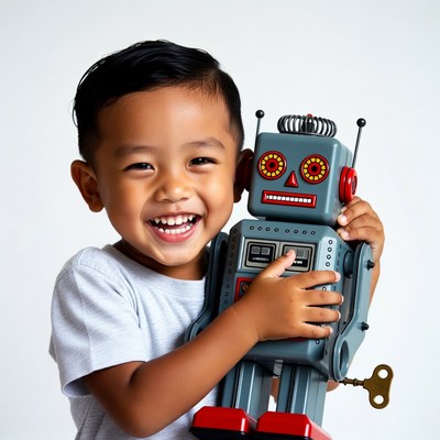 Asian boy holding toy robot