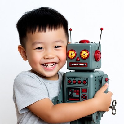 Asian boy hugging toy robot