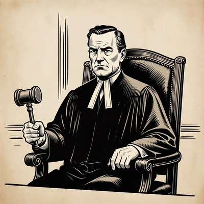Judge holding gavel in chair