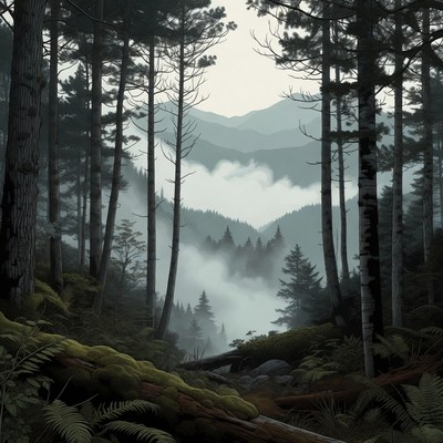 Misty Pine Forest with Mountains