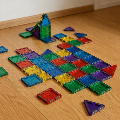 Colorful Magna-Tiles on wooden floor