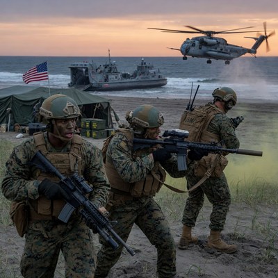 US Marines with rifles near helicopter sunset