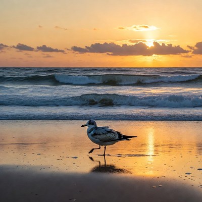 Seagull walking on beach at sunset