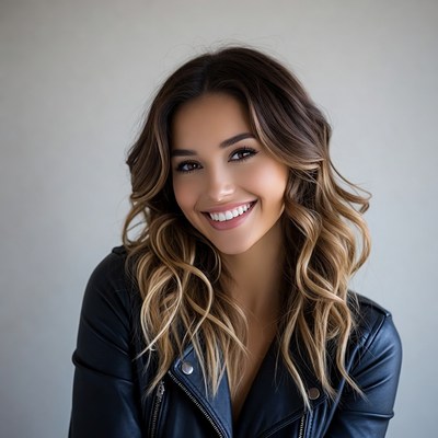 Smiling woman in leather jacket