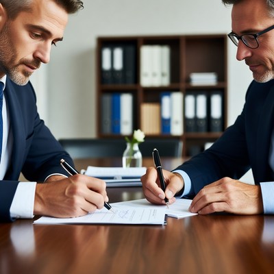Two businessmen signing contract