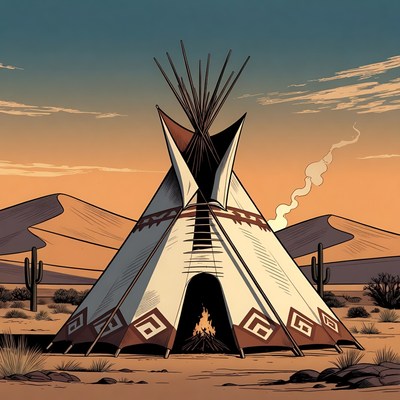 Teepee with campfire in desert