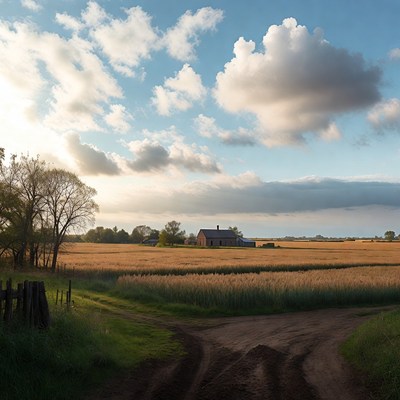 Farmhouse in golden wheat fields