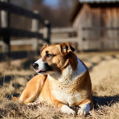 Brown white dog lying in dry grass