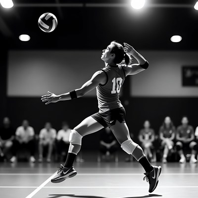 Woman spiking volleyball in gym