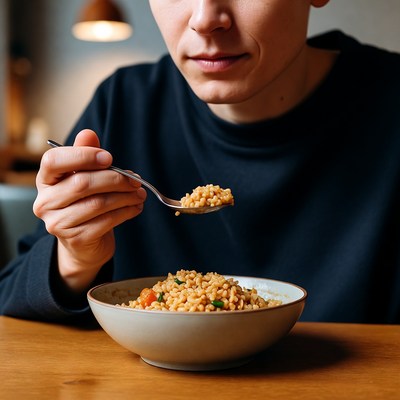 Young man eating rice from bowl