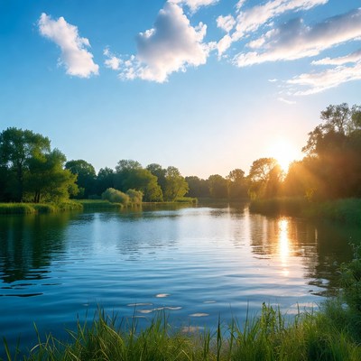 Sunset over serene river landscape