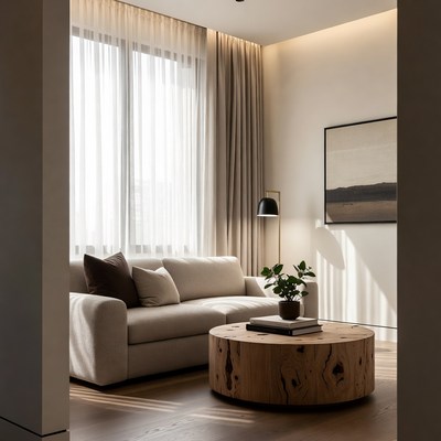 Modern living room with beige sofa