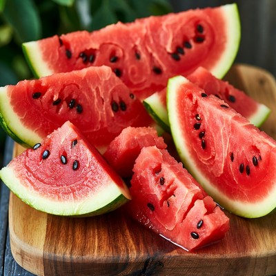 Fresh watermelon slices on wooden board