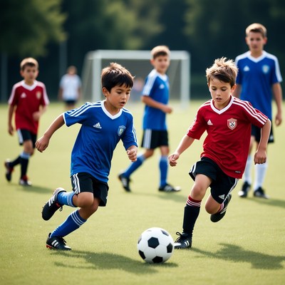 Boys playing soccer on field