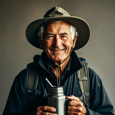 Elderly man with backpack holding metal water bottle