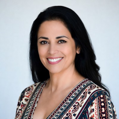 Smiling woman with long black hair