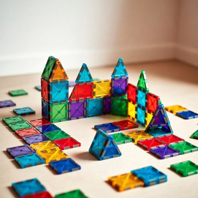 Colorful Magna-Tiles castle on floor