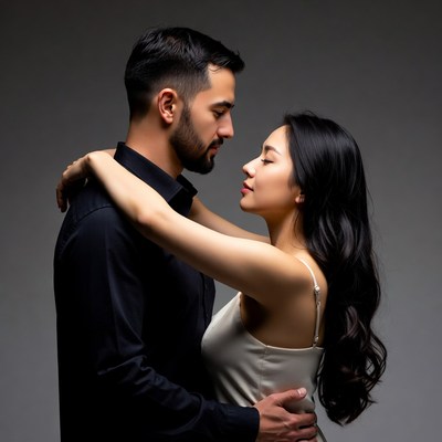 Man embracing Asian woman closely