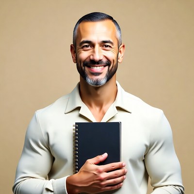 Smiling man holding notebook