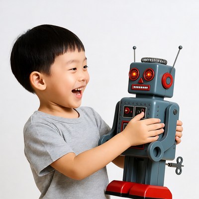 Asian boy holding red robot toy