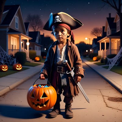 Boy pirate trick-or-treating Halloween night