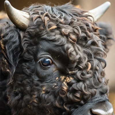 Closeup of curly-haired Highland cow