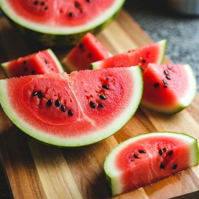 Fresh watermelon slices on wooden board