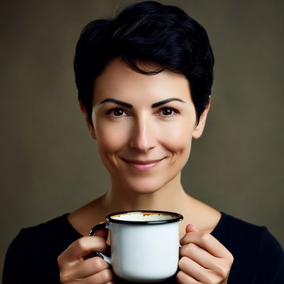 Woman holding white enamel mug