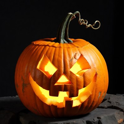 Lit Jack-o'-lantern on rocks