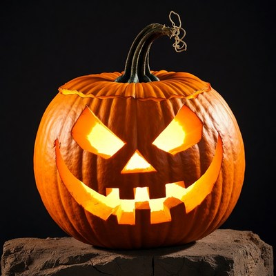 Lit Jack-o-Lantern Pumpkin on Rock