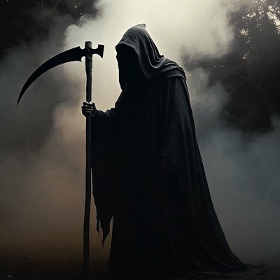 Grim Reaper with scythe in fog