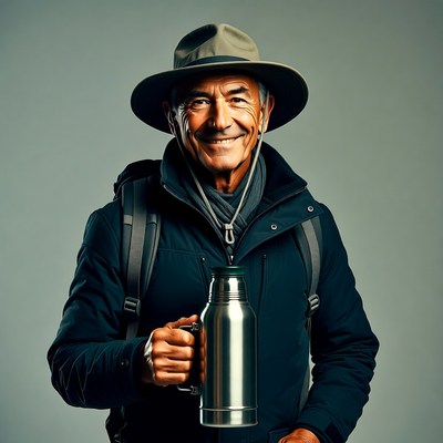 Smiling man with backpack holding thermos