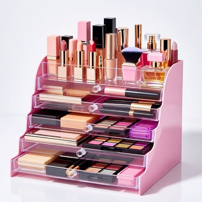 Pink Makeup Organizer with Cosmetics