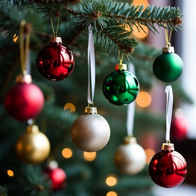 Colorful Christmas Ornaments Hanging on Tree