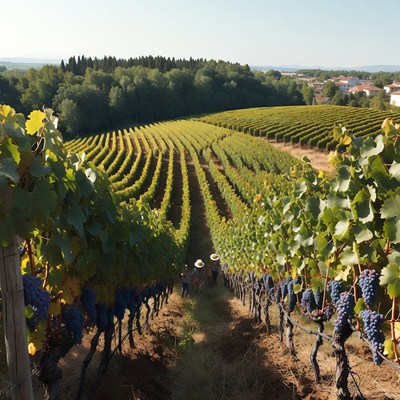 Farmers walking through vineyard rows