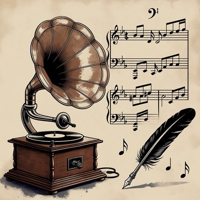 Vintage Gramophone with Music Notes