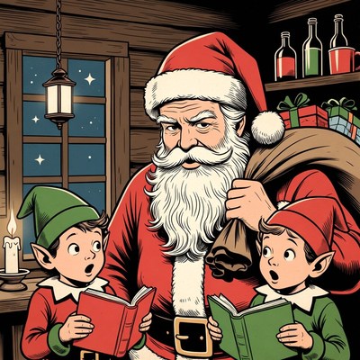 Santa reading with elves