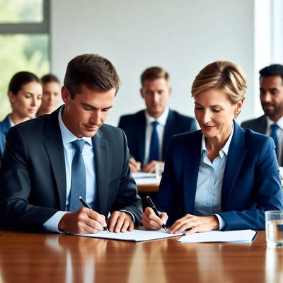 Business professionals signing contract