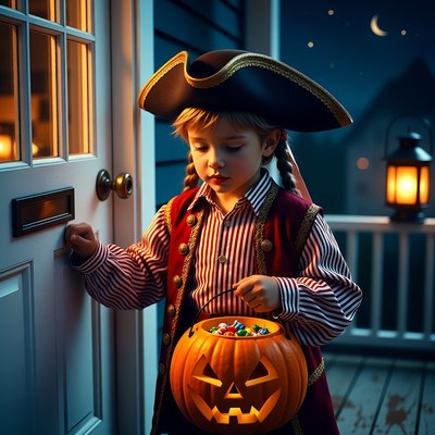 Boy pirate trick-or-treating at door