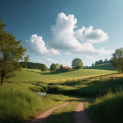 Red Roof House in Green Rolling Hills