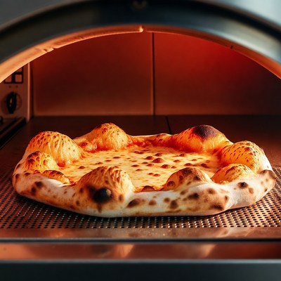 Pizza baking in wood-fired oven