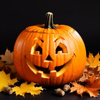Carved Jack-o'-Lantern with Autumn Leaves