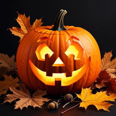 Lit Jack-o-Lantern with Autumn Leaves