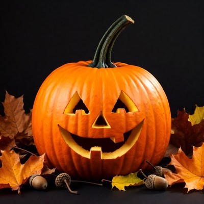 Carved Jack-o'-lantern with Autumn Leaves