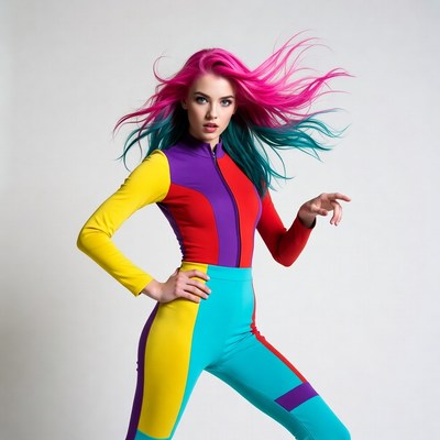 Woman with colorful hair in vibrant jumpsuit
