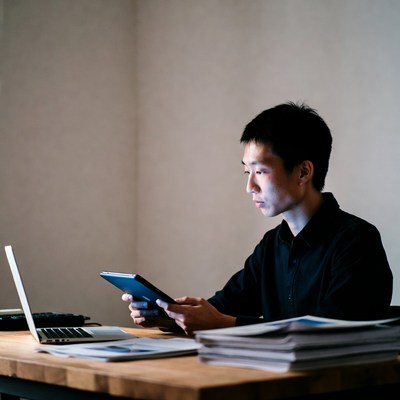 Asian man working on tablet at desk
